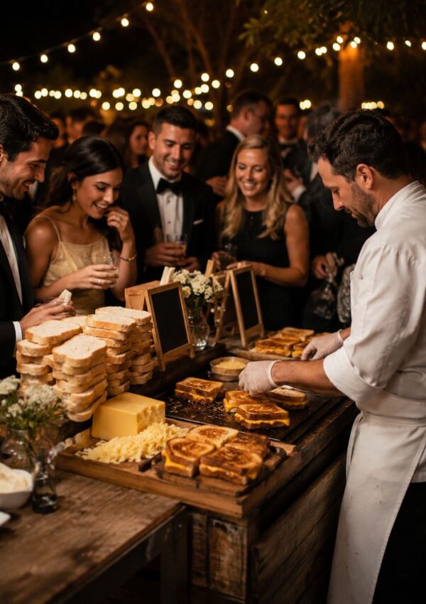 A chef prepares grilled cheese sandwiches at an outdoor evening event, offering unique wedding activities as well-dressed guests smile and watch. Stacks of bread and cheese line the wooden table beneath glowing string lights, adding to the guest entertainment.