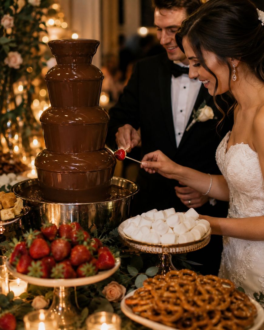 A bride and groom in formal attire dip strawberries into a large chocolate fountain, surrounded by trays of strawberries, marshmallows, pretzels, and lit candles on a decorated table.