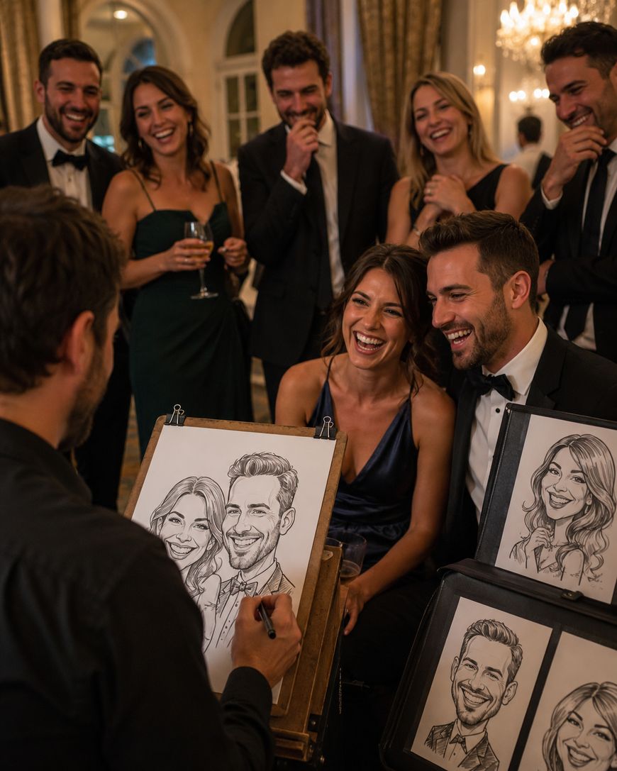 A group of well-dressed people at an elegant event smile and laugh as an artist draws caricatures of a cheerful couple seated at the front, with finished sketches displayed beside them.