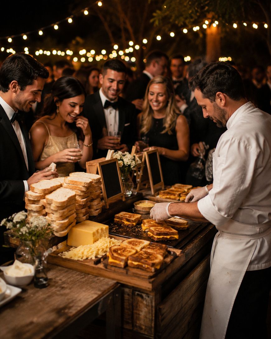 A chef prepares grilled cheese sandwiches at an outdoor event, while well-dressed guests smile and watch. Stacks of bread, cheese, and chalkboard menus are displayed on a wooden table under string lights.