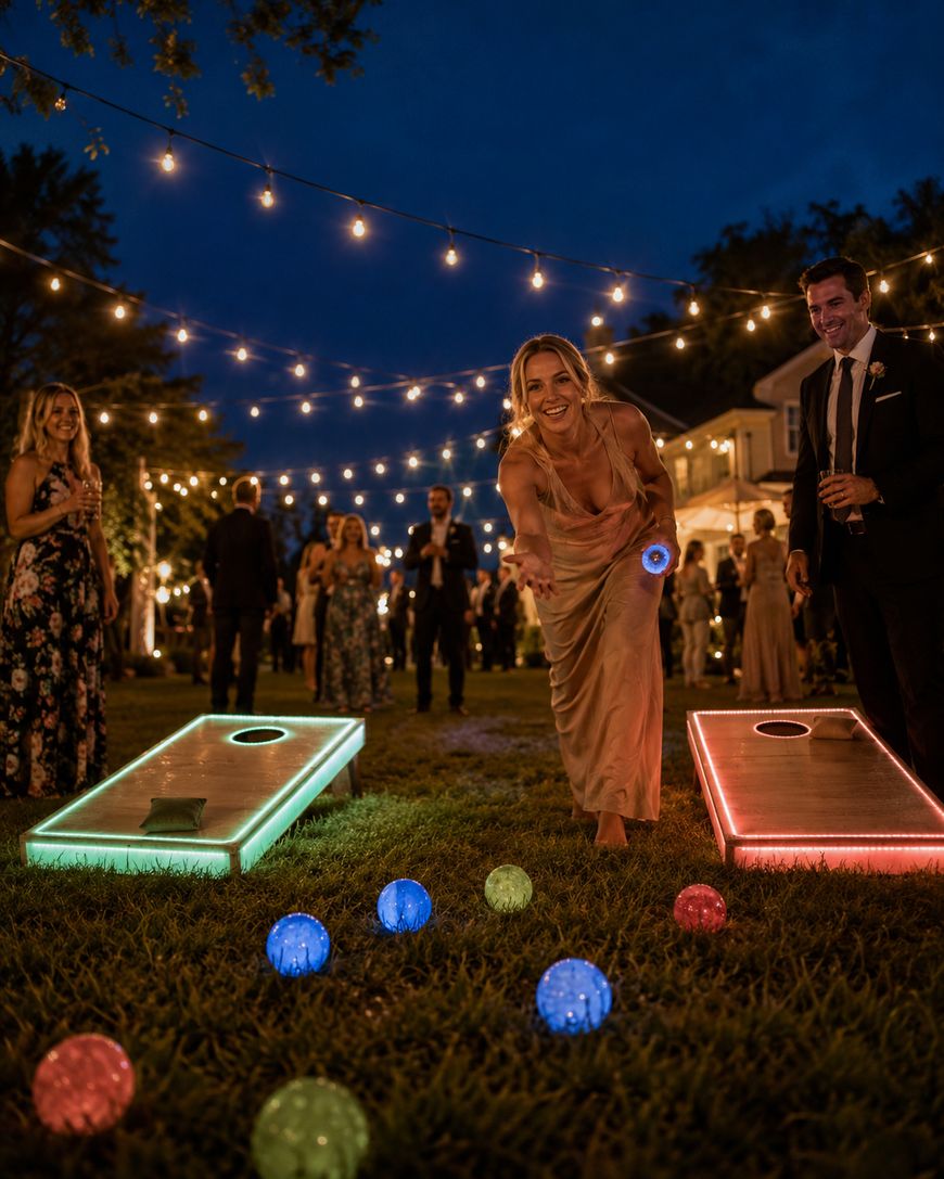 A woman in a dress tosses a bean bag at a glowing cornhole board during an outdoor evening party with string lights overhead; people dressed formally watch and mingle in the background.