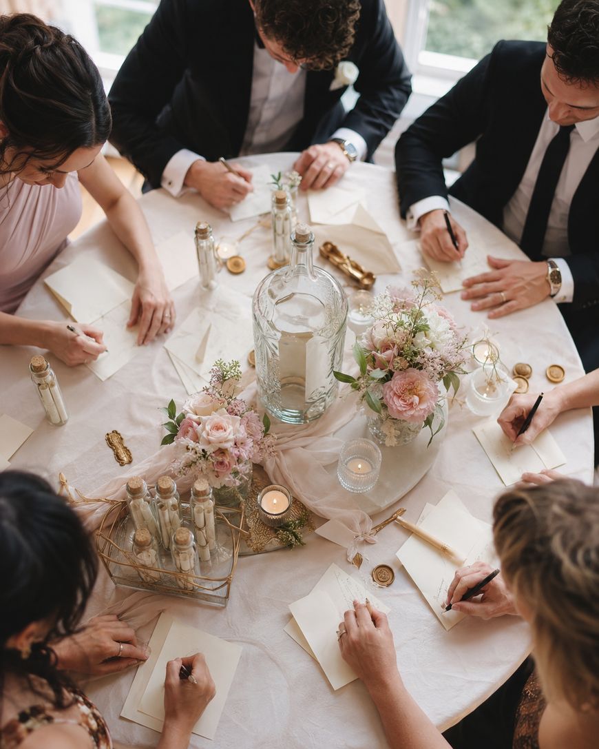 Six people in formal attire sit around a round table, writing on cards. The table is decorated with flowers, candles, glass bottles, and envelopes, creating an elegant and intimate atmosphere.