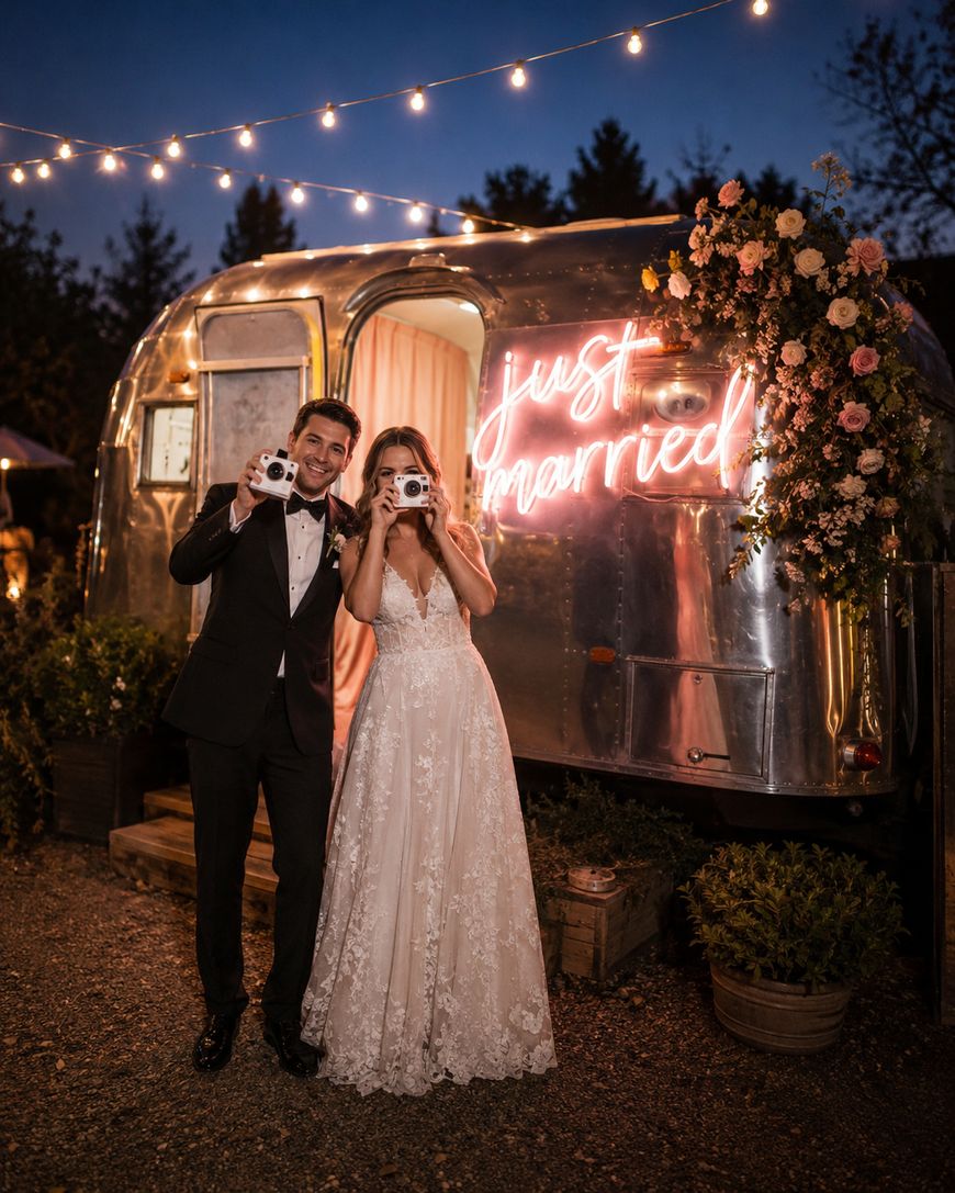 A newlywed couple in formal attire pose playfully with instant cameras in front of a silver trailer decorated with flowers and a neon just married sign, illuminated by string lights at dusk.