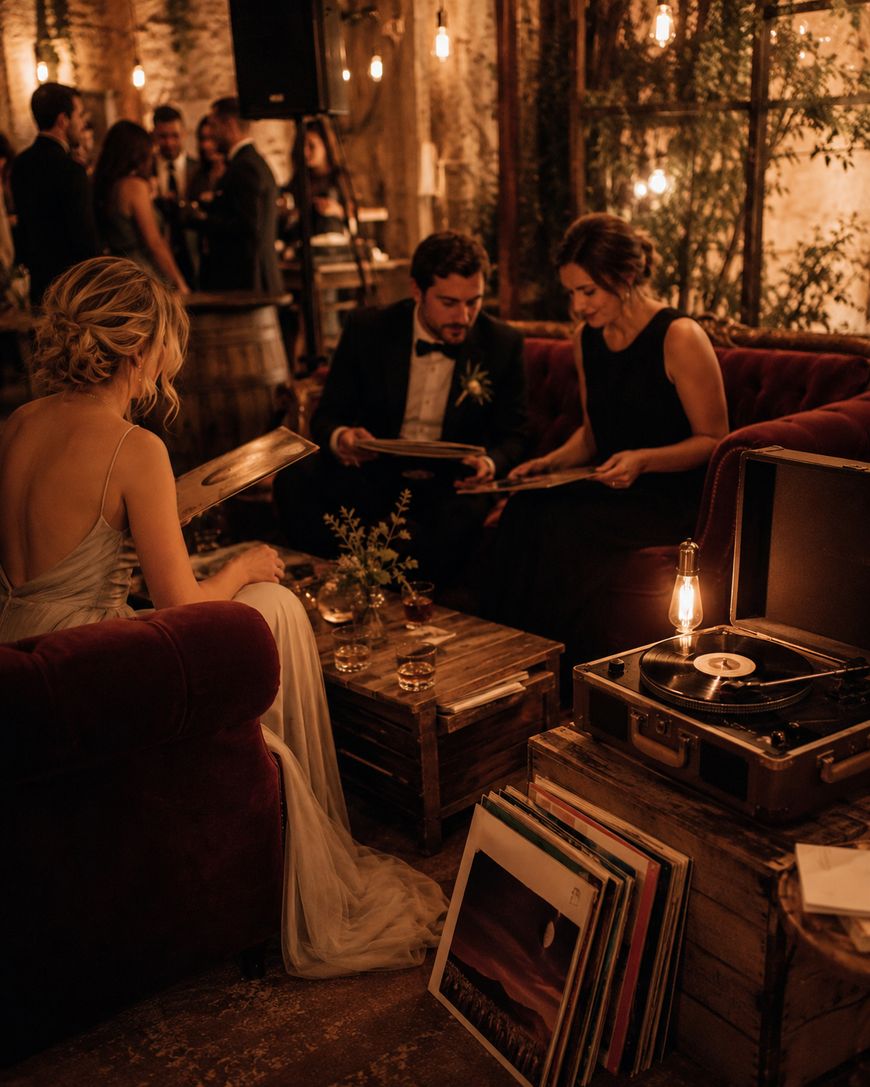 Three elegantly dressed people sit in a cozy, warmly lit room filled with vintage decor, browsing vinyl records near a record player. A stack of records and a glowing lamp sit on a crate beside them.