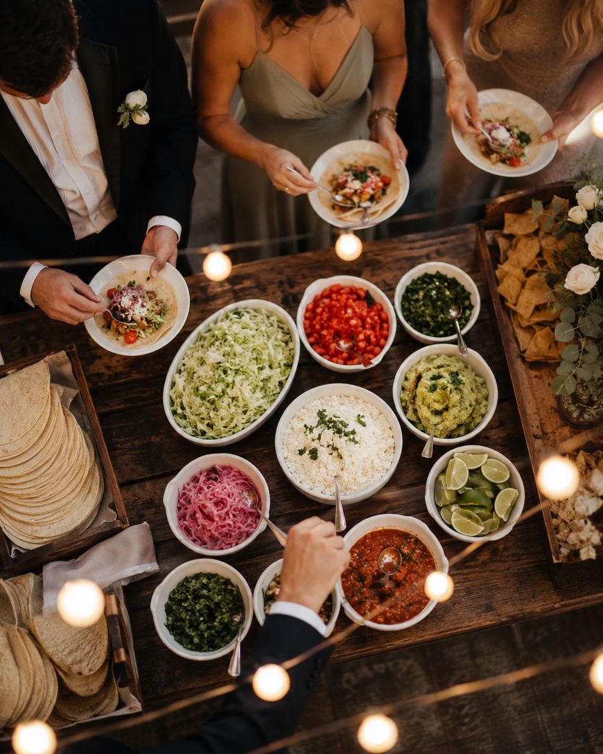 People serving themselves from a rustic table filled with bowls of taco toppings, including guacamole, salsa, diced tomatoes, limes, onions, and tortillas. Warm lighting and dressed-up guests create an elegant, festive atmosphere.
