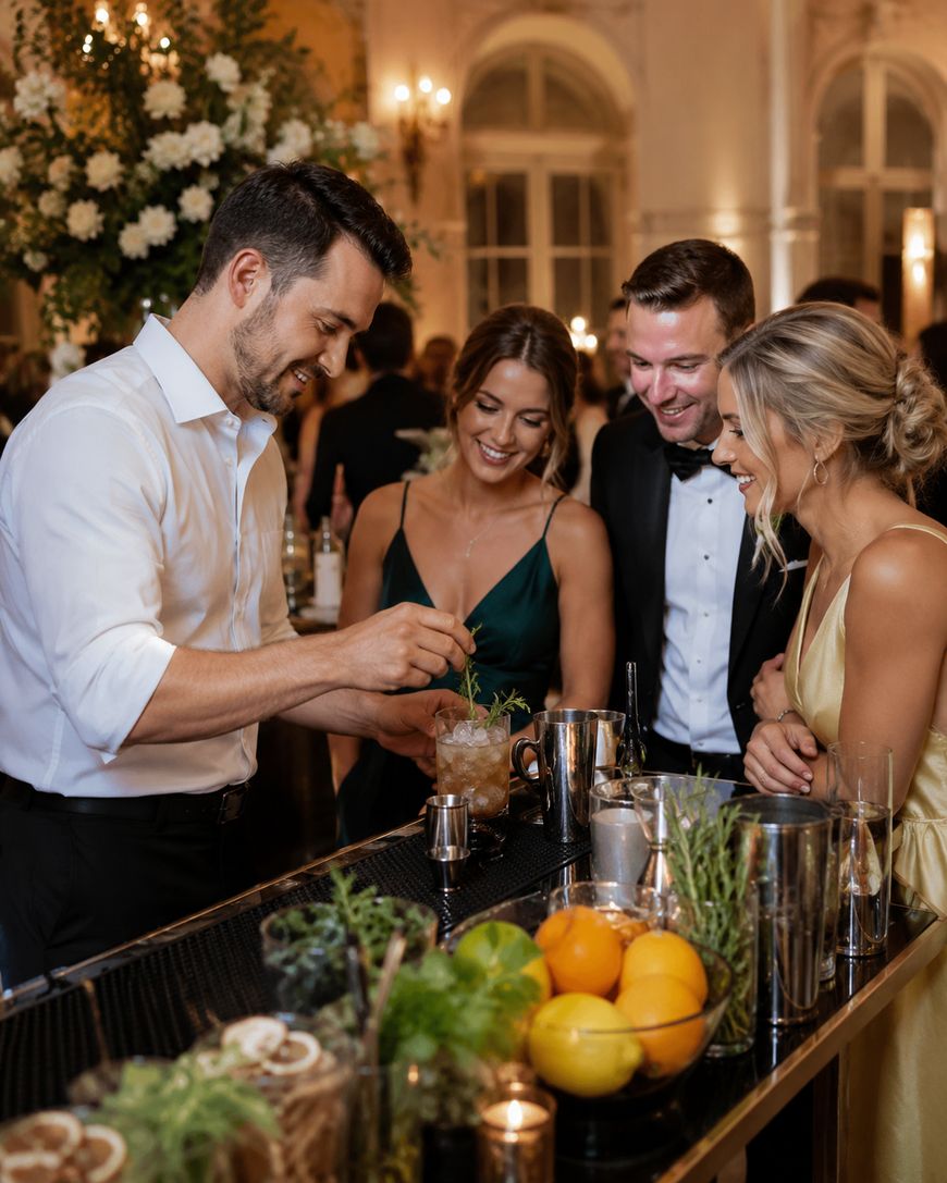 A bartender prepares a cocktail for three well-dressed guests at a stylish, elegant party. The guests smile and watch, surrounded by fresh fruits, herbs, and cocktail-making tools on the bar.