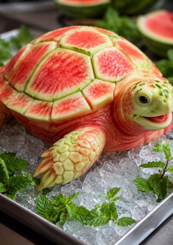 A realistic turtle sculpted from watermelon showcases impressive watermelon carving skills. It sits on a tray of ice, surrounded by fresh mint leaves—an eye-catching party decoration featuring intricately carved natural patterns and colors.