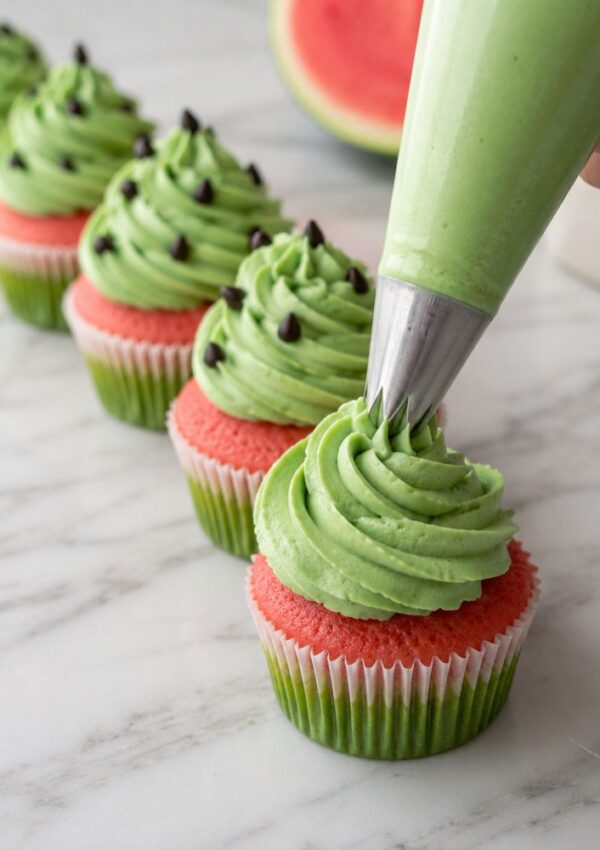 A hand pipes green frosting onto a watermelon cupcake with pink cake and a green base, resembling the fruit. Several finished watermelon cupcakes with chocolate chip seeds are lined up on a marble surface.
