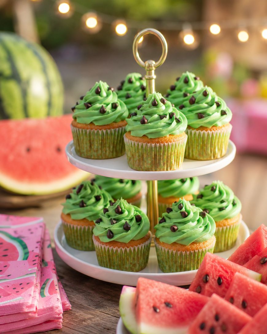 A two-tiered stand displays cupcakes with green frosting and chocolate chips, resembling watermelons. Watermelon slices, napkins with watermelon prints, and a whole watermelon are on the wooden table. String lights are in the background.