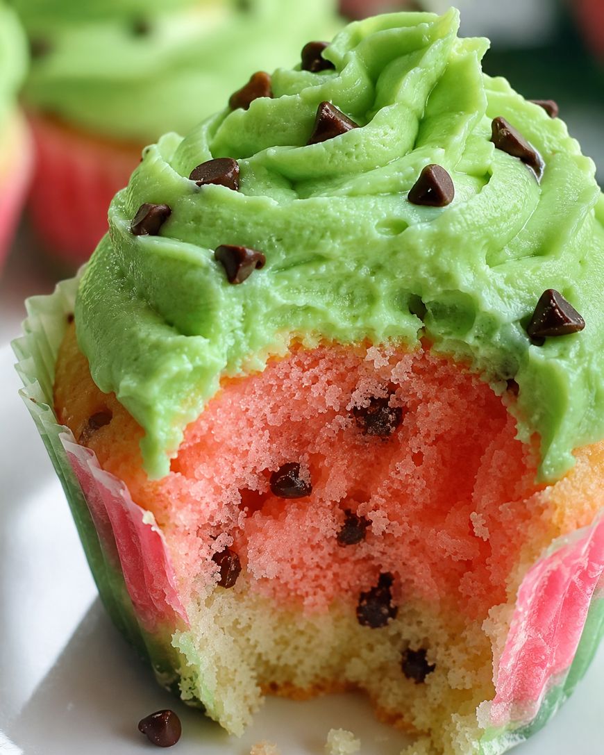 A cupcake with green frosting and chocolate chips, decorated to look like a watermelon. The cupcake has pink and yellow layers inside, with chocolate chips mimicking seeds, and a bite taken out of it.