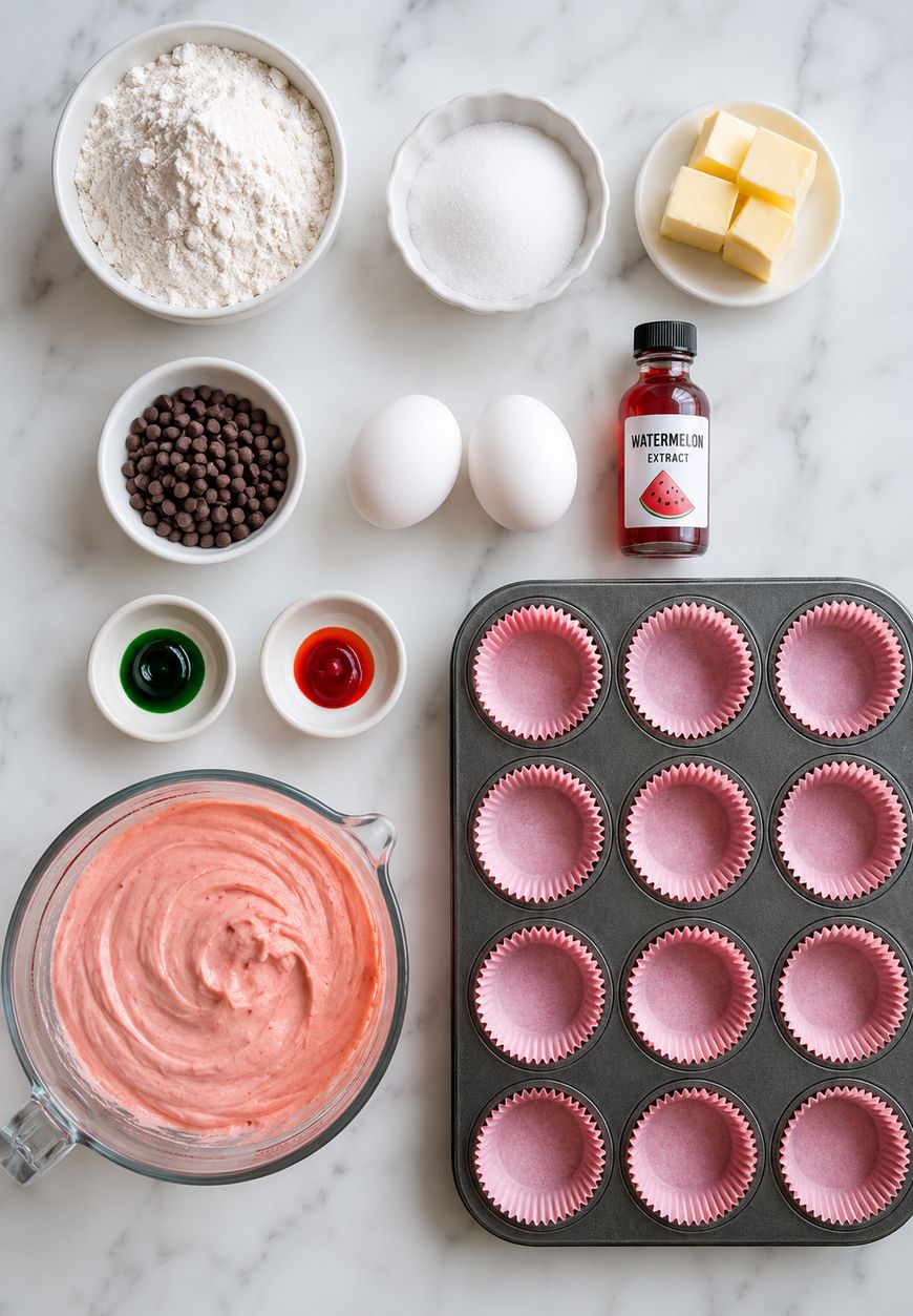 Cupcake ingredients on a marble surface: flour, sugar, butter, chocolate chips, two eggs, watermelon extract, green and red food coloring, a bowl of pink batter, and a muffin tin lined with pink wrappers.