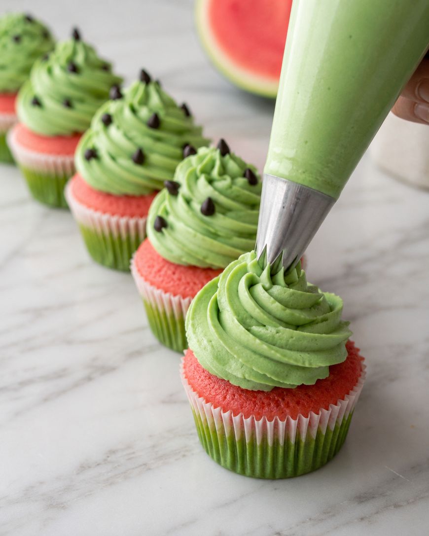 A hand pipes green frosting onto pink and green cupcakes, resembling watermelons, on a marble surface. Each cupcake is topped with chocolate chips to mimic watermelon seeds. A watermelon slice is visible in the background.