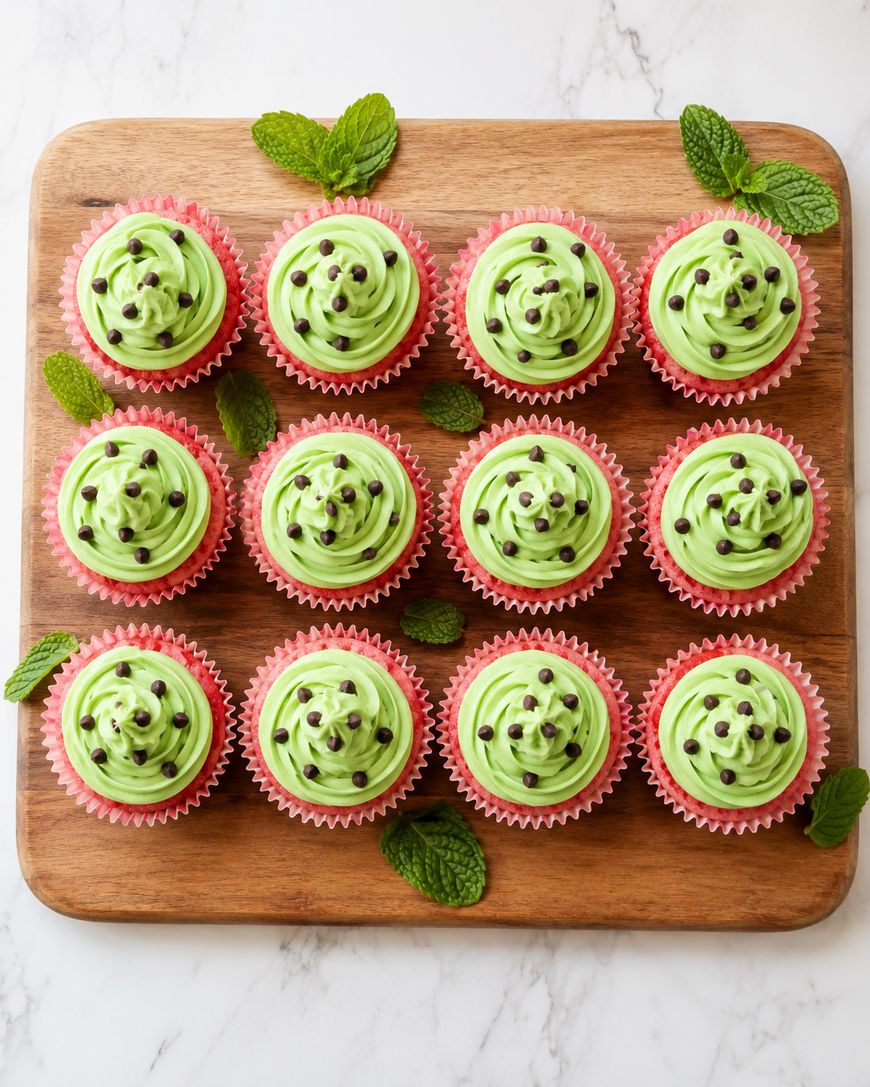 Twelve cupcakes with green frosting and chocolate chips sit on a wooden board, garnished with fresh mint leaves, arranged in neat rows on a marble surface.