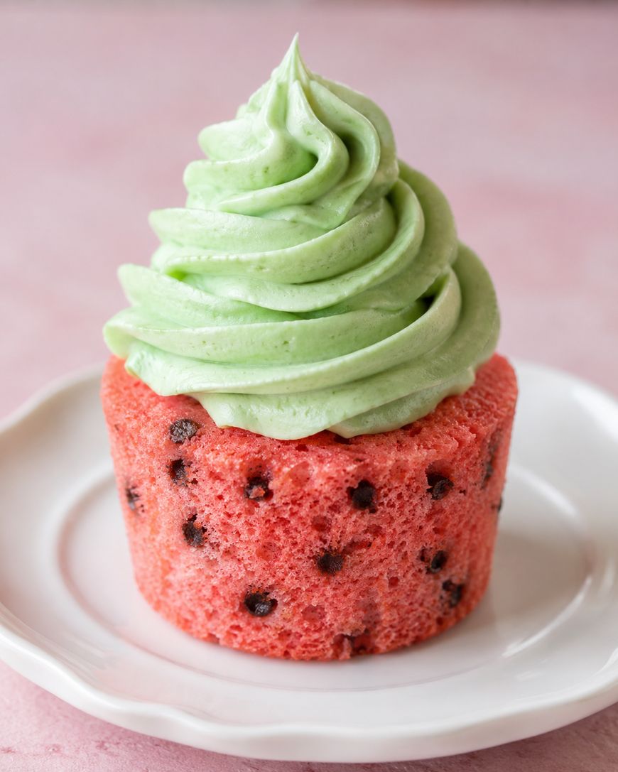 A cupcake with a pink base dotted with chocolate chips, resembling watermelon, topped with a swirl of light green frosting, sits on a white plate against a pink background.