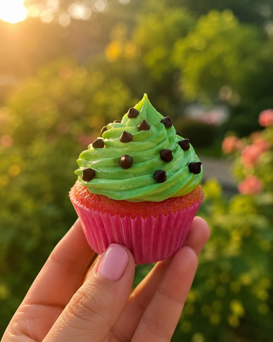 A hand with pink nail polish holds a cupcake with green frosting and small chocolate chips, in a pink wrapper, outdoors with greenery and warm sunlight in the background.