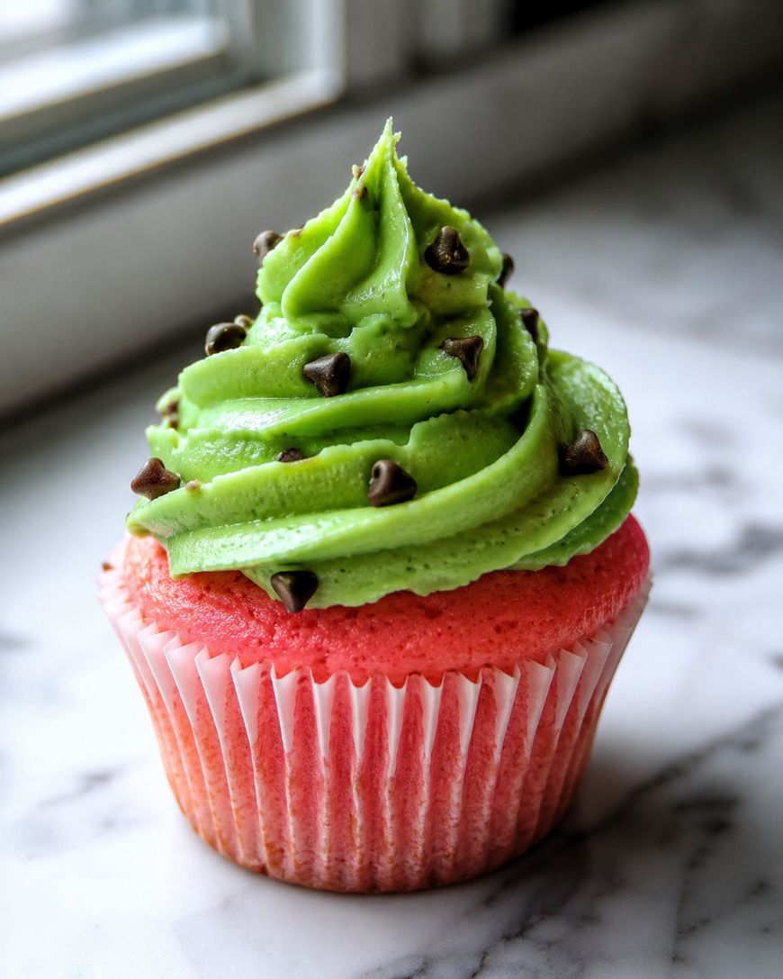 A pink cupcake with green frosting, topped with small chocolate chips, sits on a marble surface near a window.