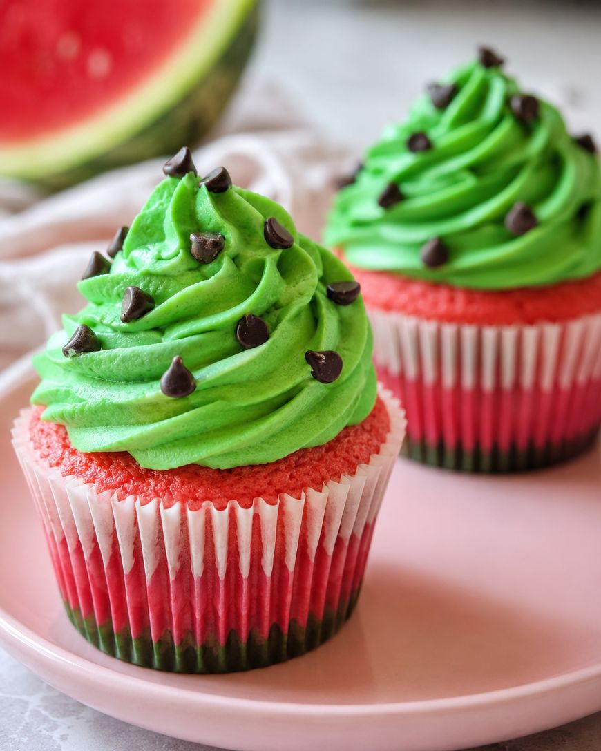 Two cupcakes with red, green, and dark bases topped with green frosting and chocolate chips, resembling watermelon slices, sit on a pink plate. A slice of watermelon is blurred in the background.