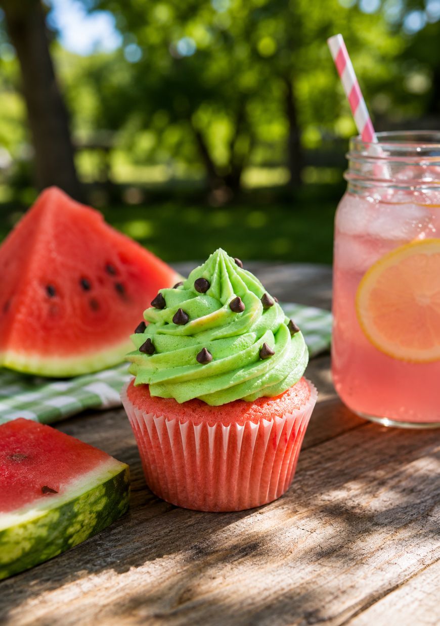 A watermelon-themed cupcake with green frosting and chocolate chips sits on a wooden table beside watermelon slices and a mason jar of pink lemonade with lemon slice and a striped straw, with green trees in the background.