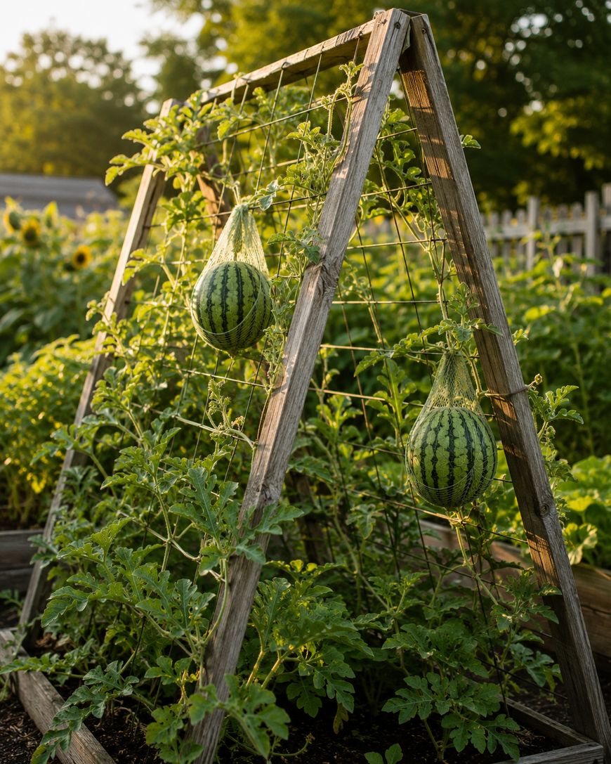 A wooden trellis supports watermelon vines in a garden, with two watermelons hanging in netted slings. Lush green plants fill the raised garden beds, and sunlight filters through trees in the background.