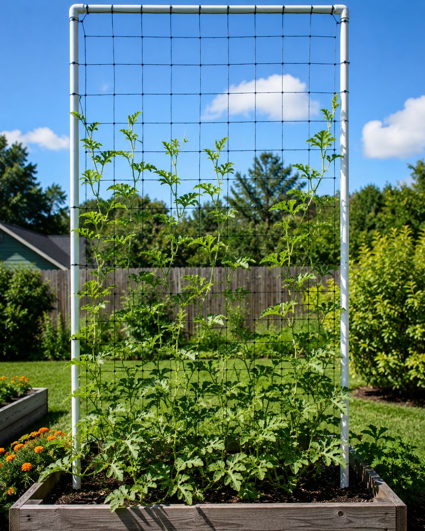 A raised garden bed with tall green plants climbing a vertical trellis made of wire and PVC pipes, set in a sunny backyard with a wooden fence, grass, trees, and a blue sky with a few clouds.
