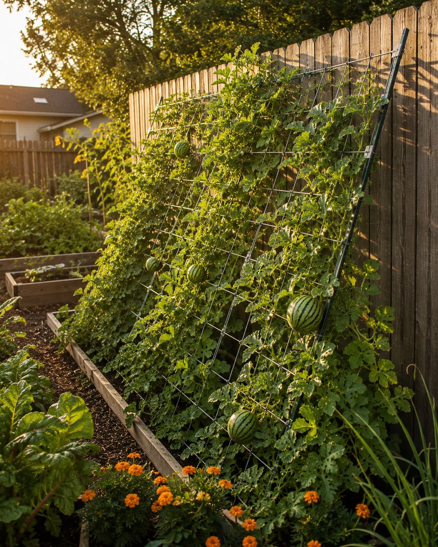A garden with raised beds features a slanted trellis supporting lush green vines growing several watermelons. Sunlight bathes the plants, and marigolds bloom along the beds edge next to a wooden fence.