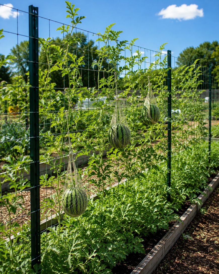 Watermelon plants growing vertically on a garden trellis, with several melons supported in mesh slings to prevent them from falling. The garden has green foliage, wooden beds, and a blue sky with clouds.