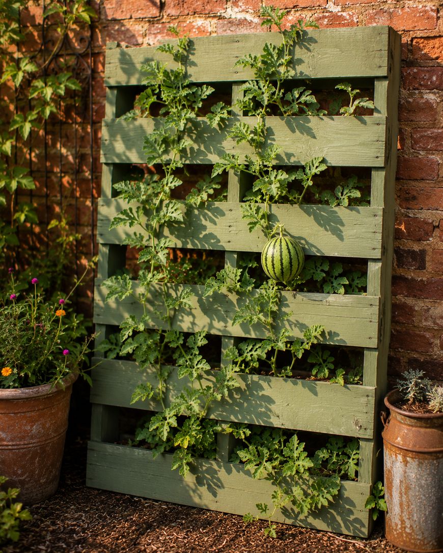 A green wooden pallet leans against a brick wall, used as a vertical garden with watermelon vines growing through its slats. One striped watermelon hangs from the vine. Potted plants are nearby.