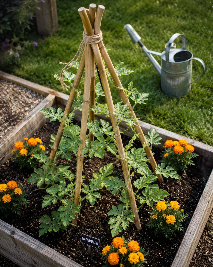 A raised garden bed with young watermelon plants climbing a bamboo teepee trellis, surrounded by blooming marigolds. A watering can sits on the grass nearby.