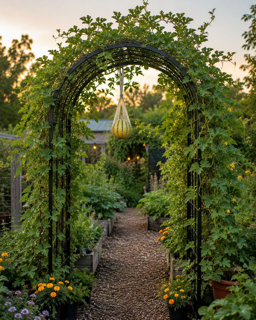 A garden path leads under a metal arbor covered in green vines, with a hanging yellow squash at the center. Raised garden beds and blooming flowers surround the walkway at sunset.