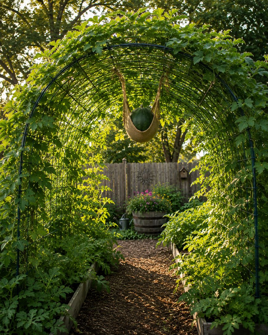 A garden archway covered in green vines with a large watermelon suspended in a sling overhead, surrounded by raised garden beds and lush foliage, bathed in warm sunlight.