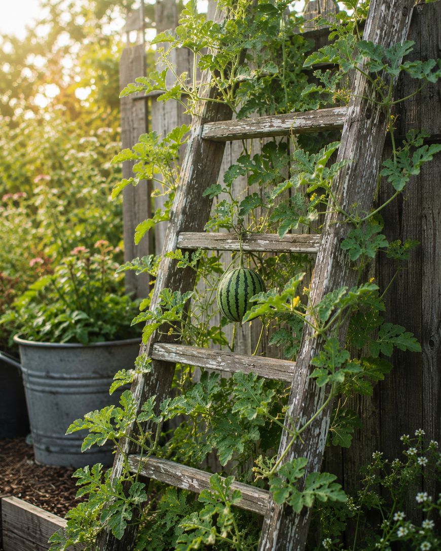 A small watermelon grows on a vine that climbs up a weathered wooden ladder in a sunlit garden, with lush greenery and a metal bucket in the background.