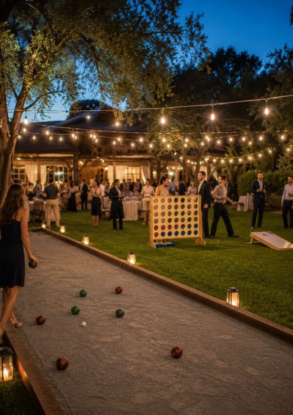 An outdoor evening event with string lights, people socializing, and lawn wedding reception games like bocce, giant Connect Four, and cornhole. A woman in a dark dress plays bocce while others mingle in the background.