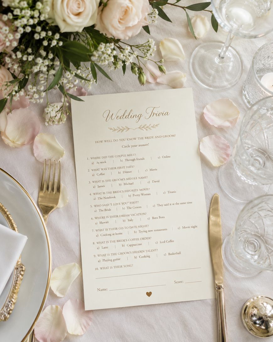 A wedding trivia card titled How Well Do You Know the Bride and Groom? lies on a white tablecloth with scattered rose petals, gold cutlery, wine glasses, and a floral centerpiece.