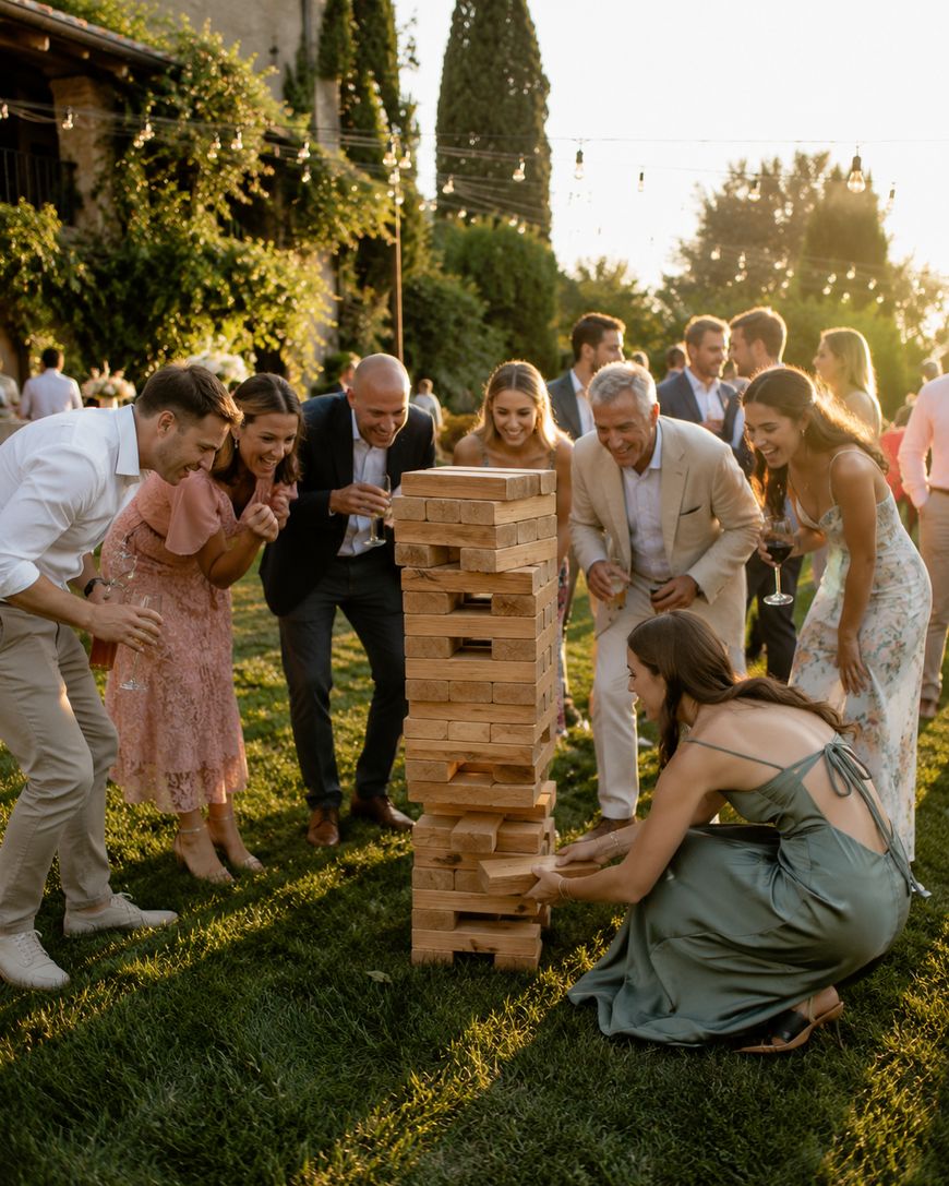 A group of people in formal attire gather outdoors on grass, watching intently as a woman in a green dress carefully pulls a wooden block from a large Jenga tower. The sun is setting, casting a warm glow.