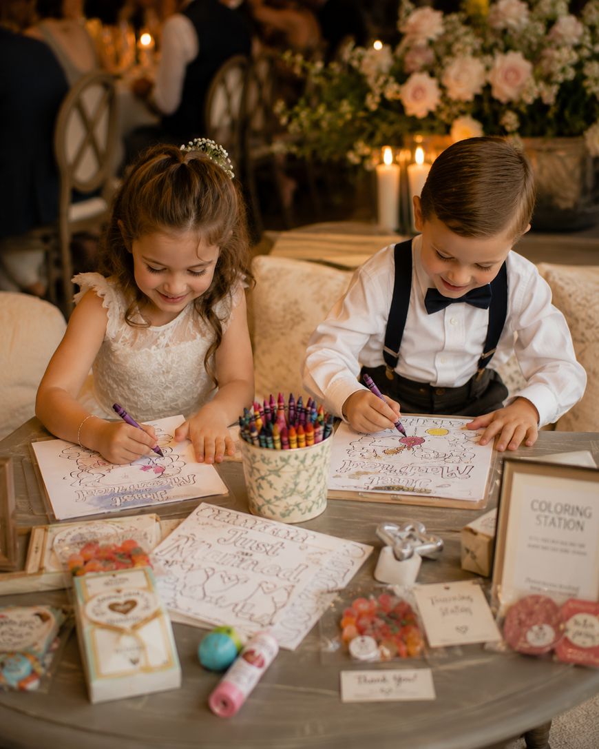 Two young children, a girl in a white dress and a boy in a white shirt with a bow tie, happily color at a table with crayons, coloring sheets, and treats at a decorated event. Flowers and a Coloring Station sign are nearby.