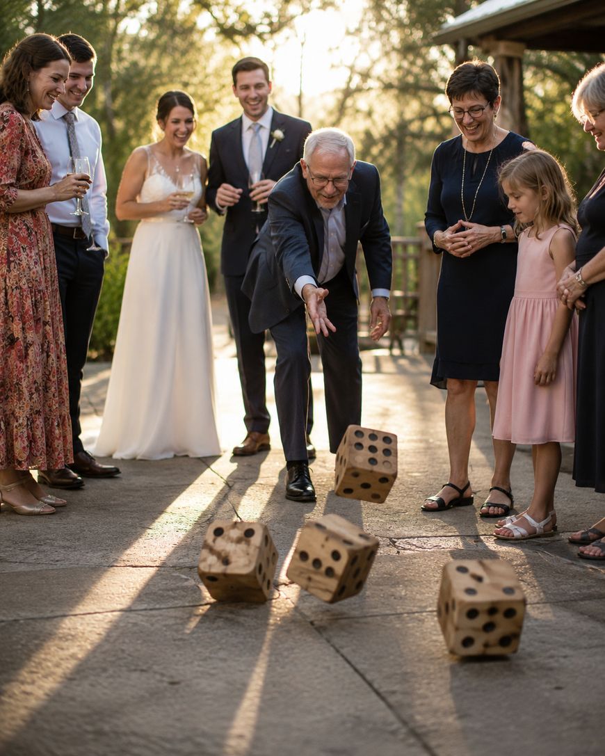 A group of people watch and smile as an older man in a suit tosses large wooden dice onto the ground at an outdoor gathering. A woman in a white dress and others stand nearby, enjoying the moment.