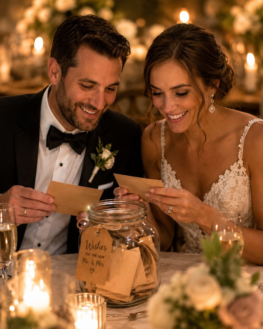 A bride and groom in formal wedding attire smile as they read notes from a jar labeled “Wishes for the new Mr. & Mrs.” Surrounded by candles and soft lighting, they enjoy an intimate, joyful moment together.