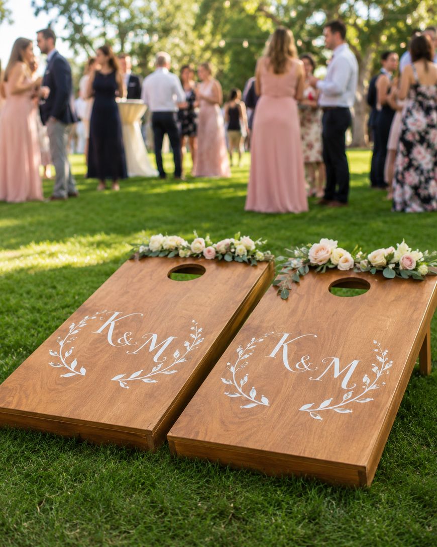 Two wooden cornhole boards decorated with floral garlands and painted initials “K & M” rest on grass. In the background, people dressed in formal attire mingle at an outdoor event.