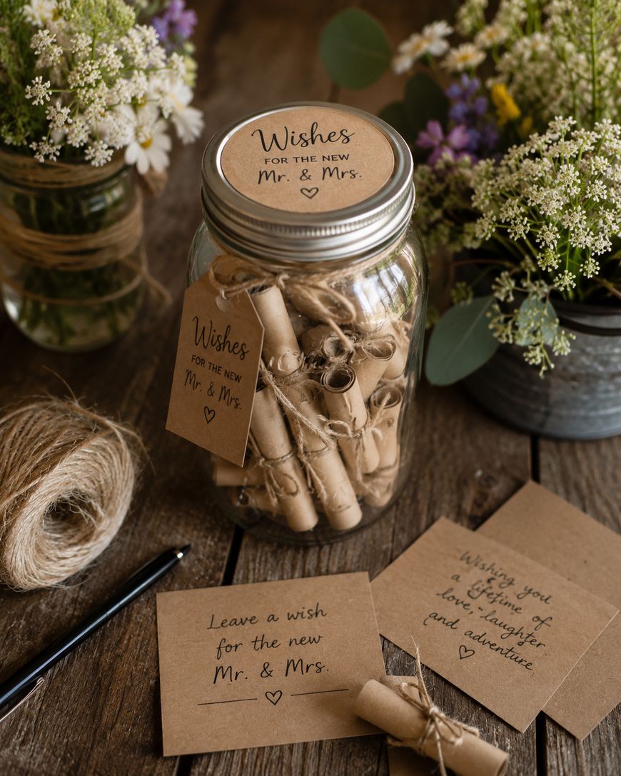A glass jar labeled Wishes for the New Mr. & Mrs. is filled with rolled-up notes. Surrounding it are brown cards with handwritten messages, a spool of twine, a pen, and vases of wildflowers.