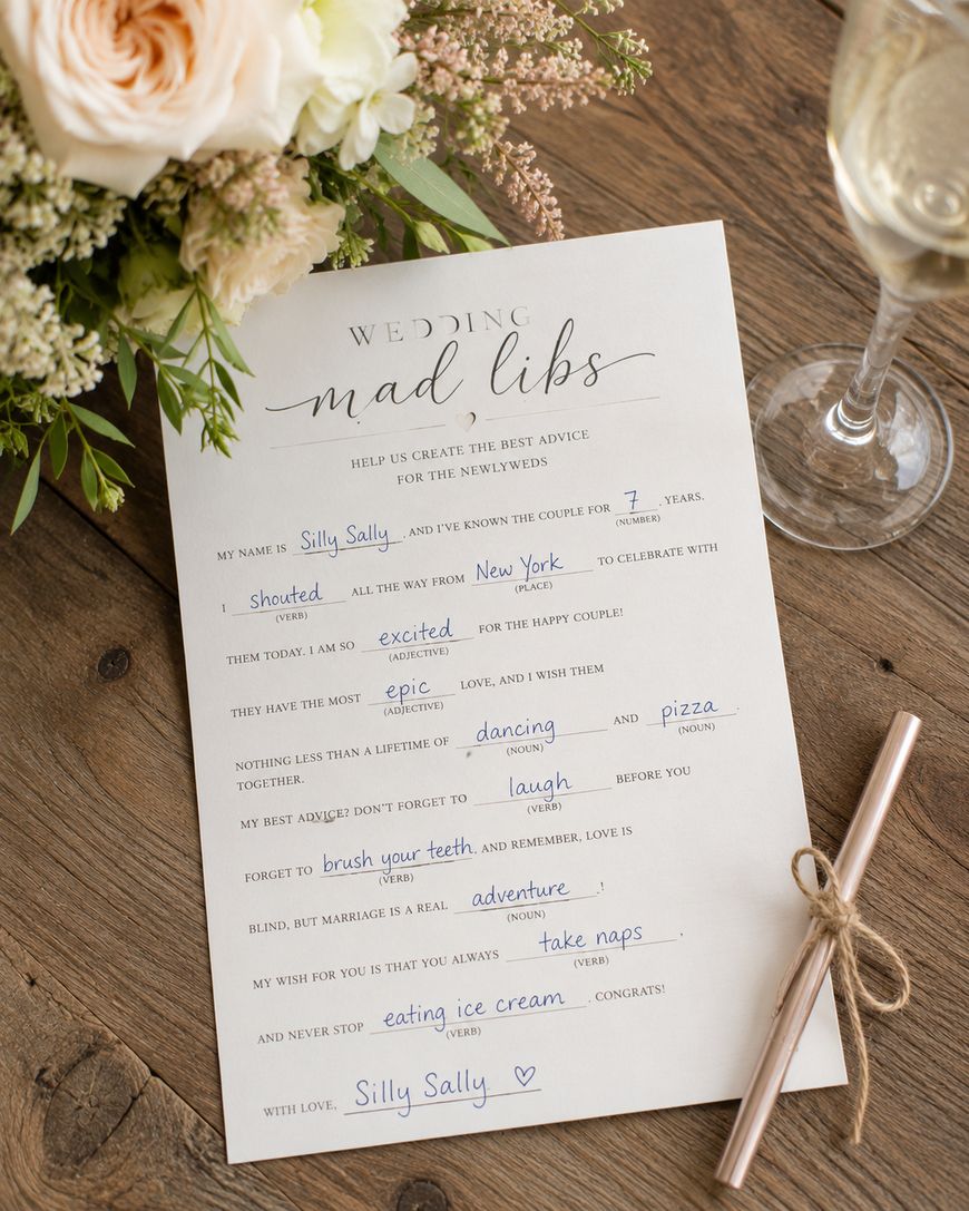 A wedding mad libs card filled out in blue ink sits on a wooden table beside a bouquet of flowers, a glass of white wine, and a silver pen tied with twine. The card includes playful, handwritten responses.