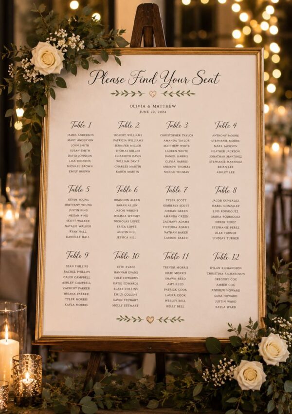 A wedding seating chart on an easel, framed in gold and decorated with white roses and greenery, lists guest names under table numbers—a perfect touch for your wedding planning. The background is softly lit with candles and string lights.