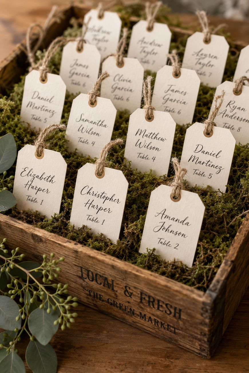 A wooden box filled with moss holds handwritten name tags attached to twine loops, arranged as wedding or event seating cards. Each card lists a guest’s name and table number. Greenery decorates the setup.