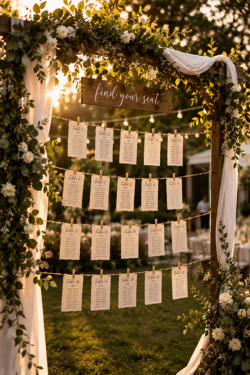 A rustic wedding seating chart display features handwritten cards clipped to strings on a wooden frame decorated with white fabric, flowers, and greenery, with a “find your seat” sign at the top, glowing in warm sunset light.
