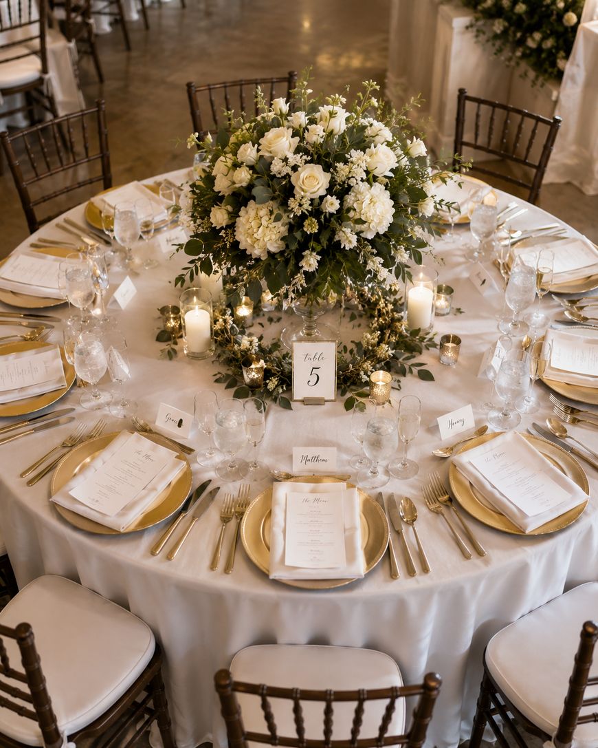 Round table set for a formal event with white linens, gold-rimmed plates, menus, candles, and a large white floral centerpiece. Brown chairs surround the table, which is labeled as Table 5.