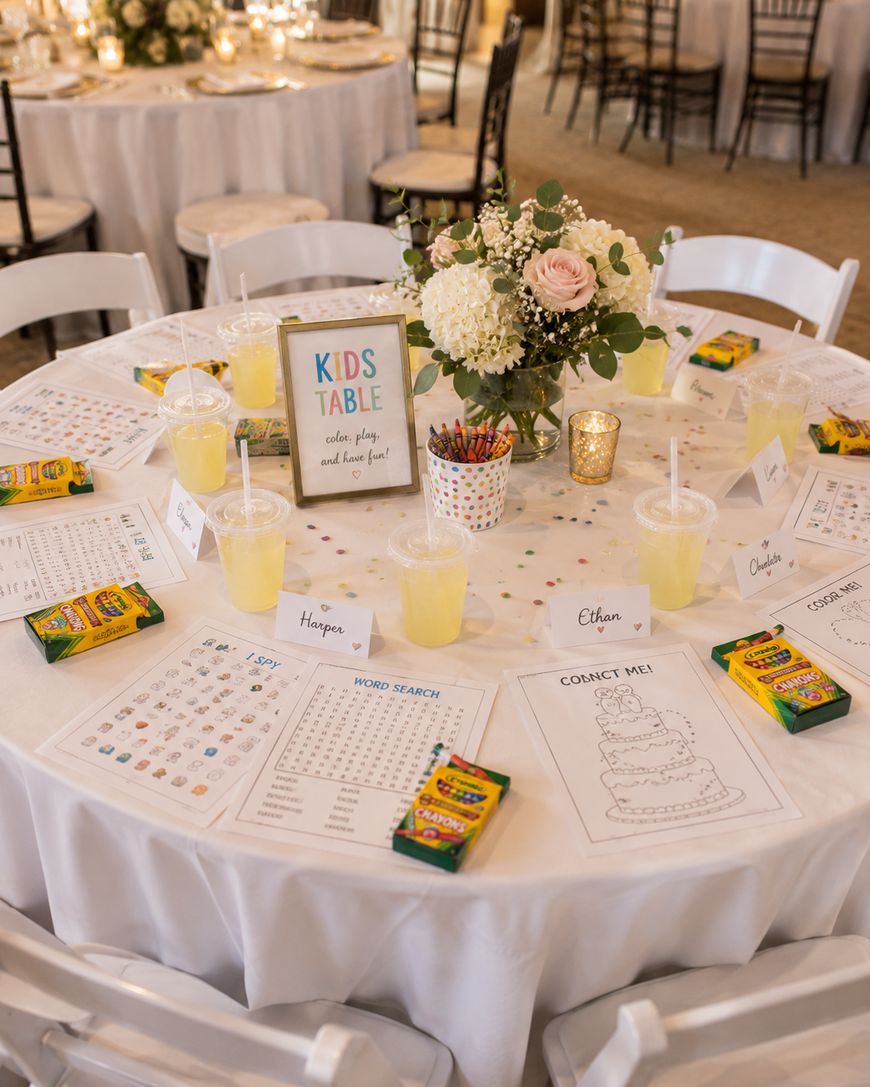 A round kids’ table at an event is set with lemonade, crayons, activity sheets, and name tags. A flower centerpiece and a “Kids Table” sign decorate the middle of the table. White chairs surround the table.