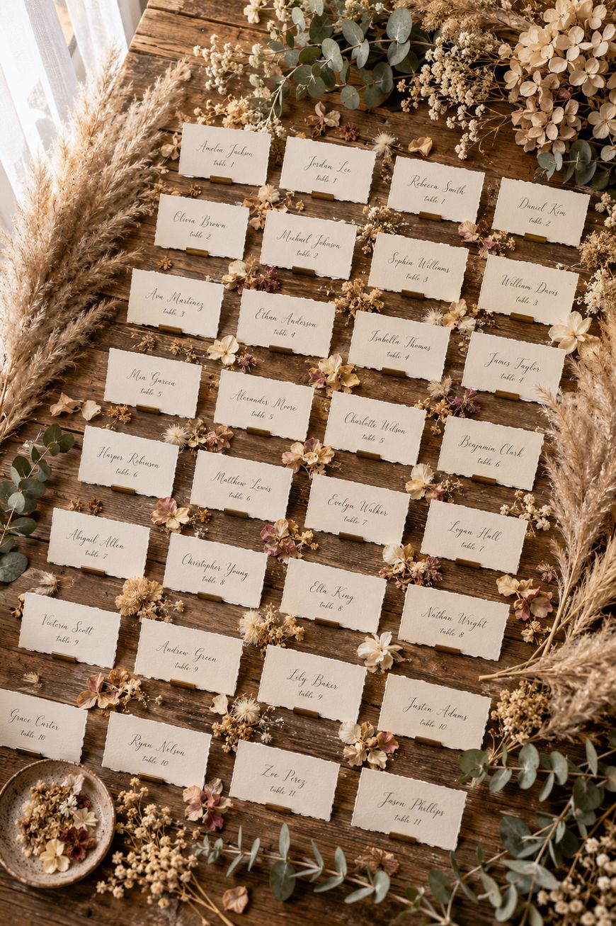 A rustic wooden table displays rows of name cards for a wedding or event, surrounded by dried grasses, eucalyptus leaves, and neutral-toned florals, creating a natural, vintage aesthetic.