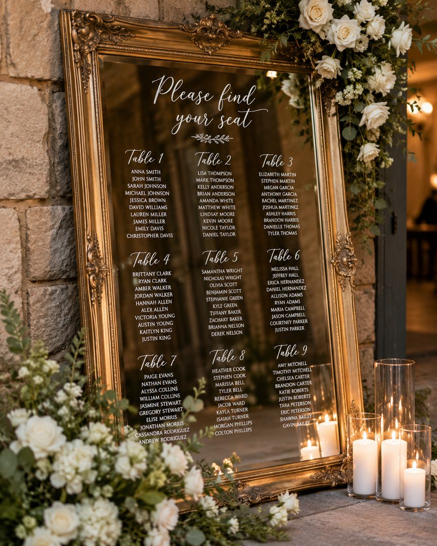 A gold-framed mirror displays a wedding seating chart with guest names divided into nine tables. The mirror is decorated with white flowers and greenery, and candles are arranged at its base.