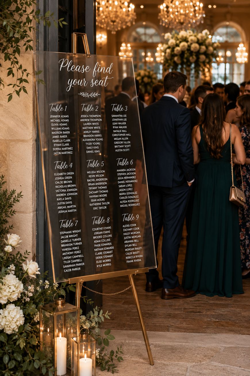 A wedding seating chart on a clear acrylic board with white calligraphy, propped on a gold easel near a doorway. Guests in formal attire gather inside, with flowers and candles beside the board. Chandeliers hang overhead.