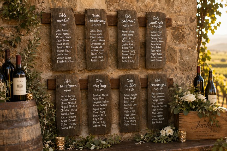 Six rustic wooden seating charts listing guest names are mounted on a stone wall, surrounded by wine bottles, greenery, and floral arrangements, with vineyards visible in the background.