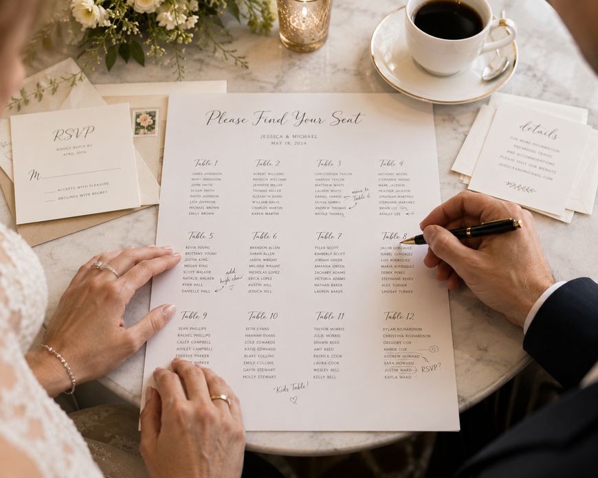 A couple reviews a wedding seating chart at a table set with coffee, an RSVP card, and a floral arrangement. One person points at a name while the other marks the chart with a pen.
